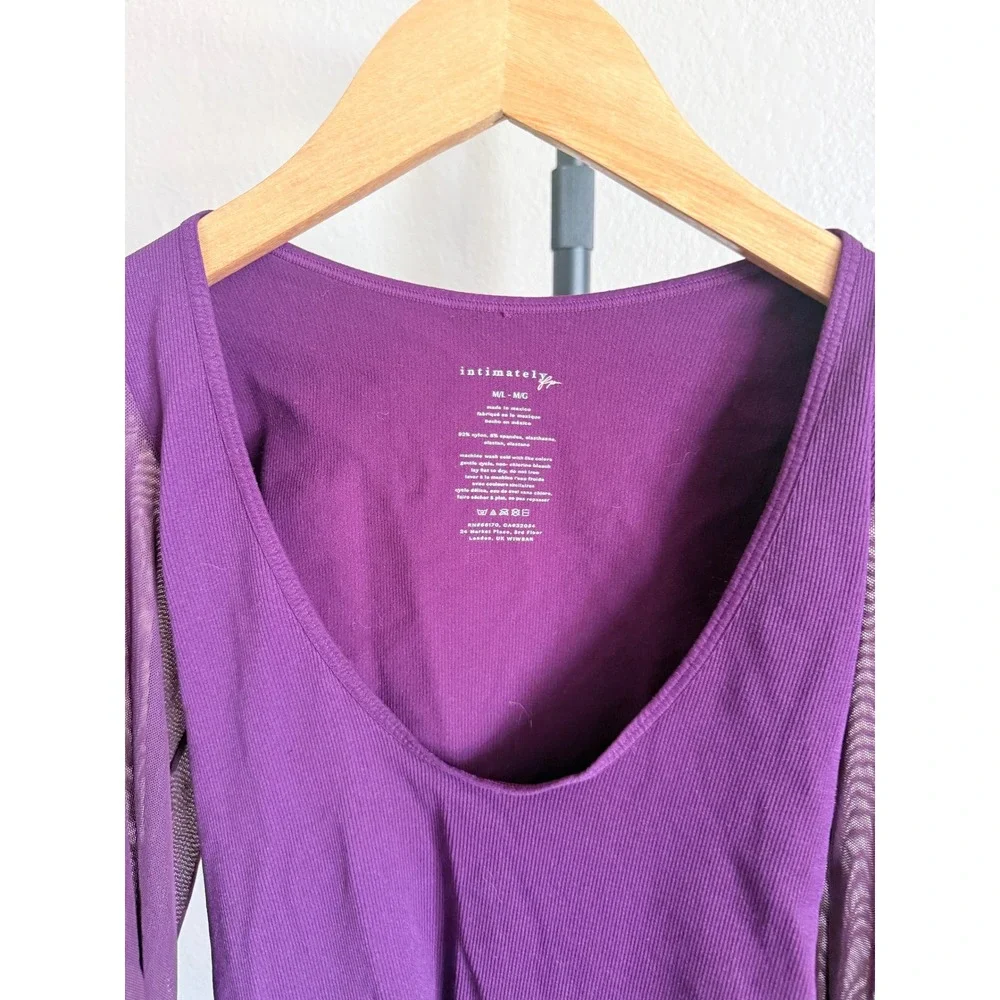 Free People Intimately Mesh Sleeve Ribbed Top Purple M/L Deep Scoop Neck